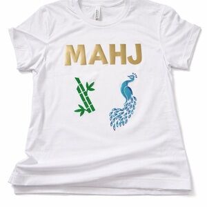 Mahjong White T-Shirt with Gold Lettering, bamboo, and Peacock Design